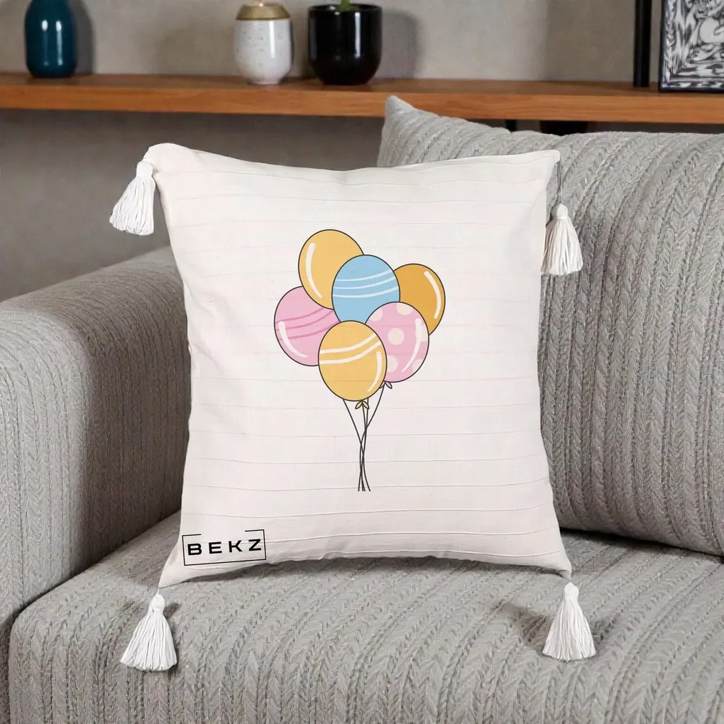 Perna Decorativa Baloane Petrecere, 40x40 cm, Bej cu Franjuri, Husa Detasabila, Perna Inclusa, BEKZ®