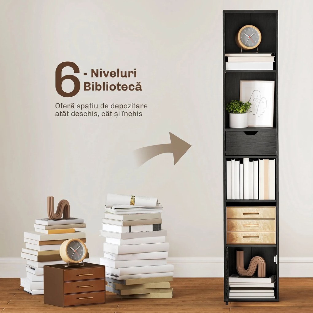 HOMCOM Bibliotecă cu 4 Rafturi Deschise, Dulap și Sertar, 30x24x158 cm, Negru | Aosom Romania