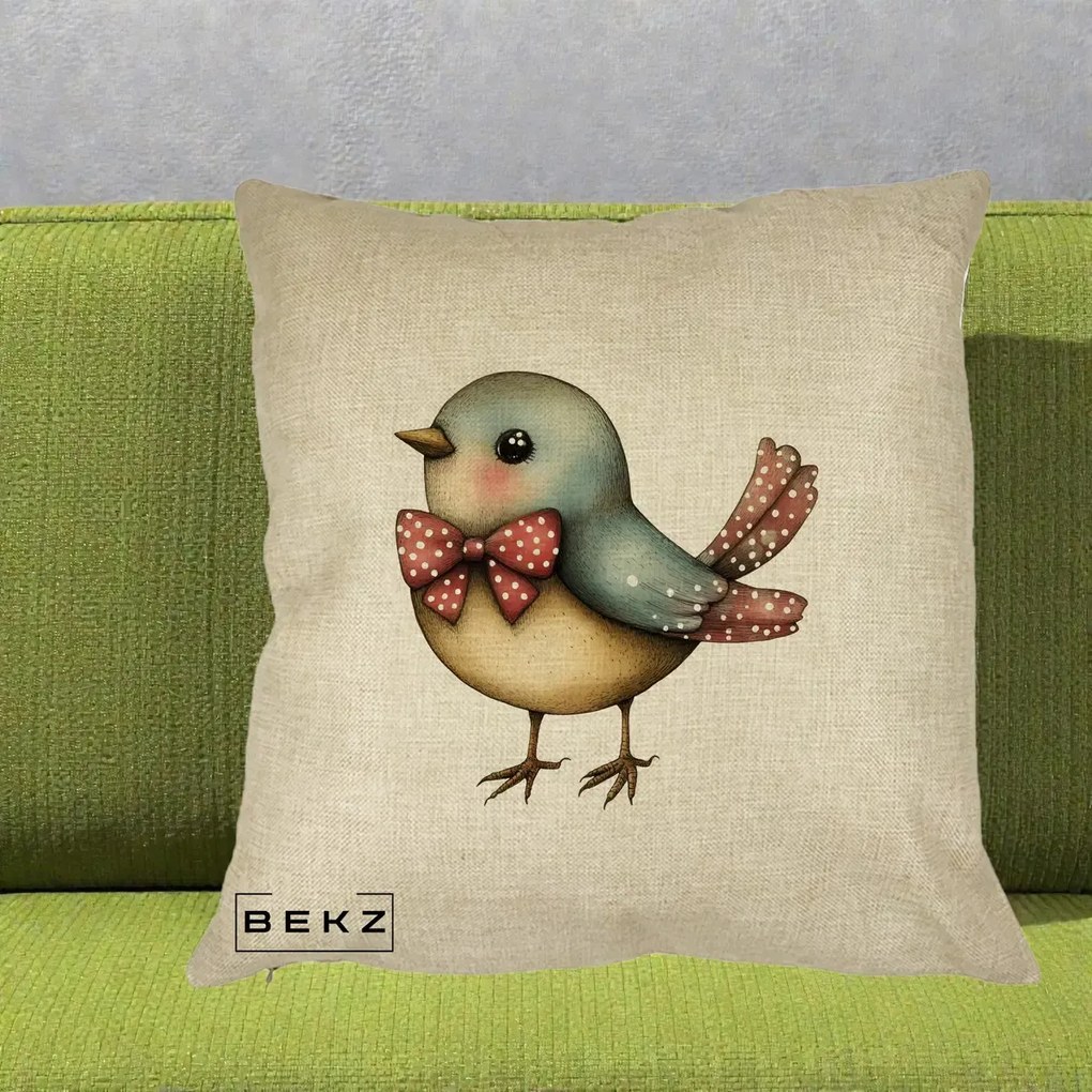 Perna Decorativa Pasare Bleu cu Fundita Rosie, 40x40 cm, Crem, Husa Detasabila, Perna Inclusa, BEKZ®