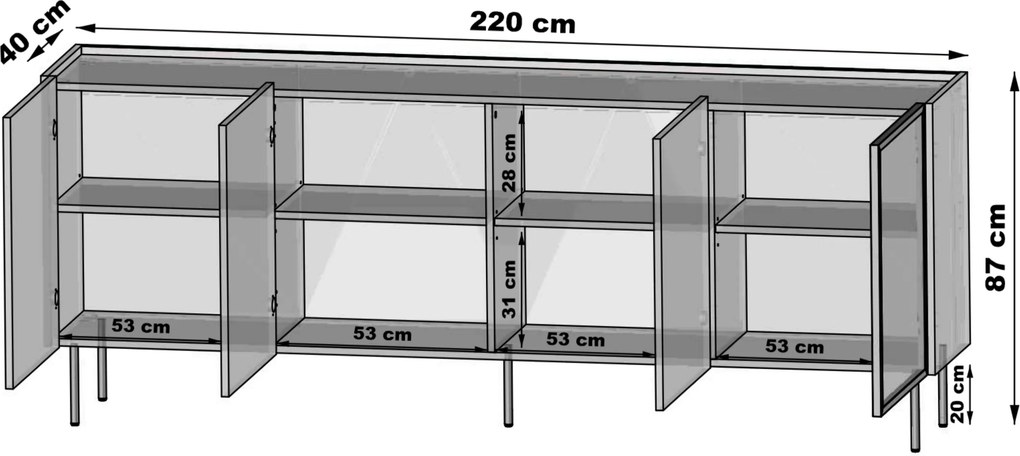 Comodă patru uși Dunari 220 cm - stejar Dunin