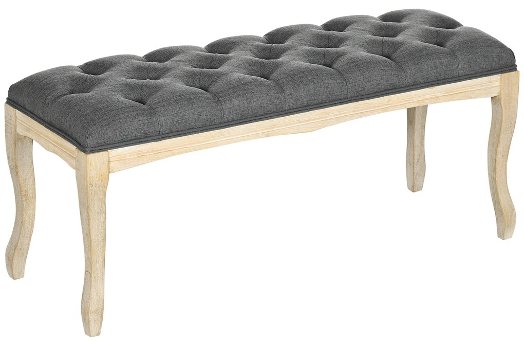 HOMCOM Bancă capitonată stil clasic 110 cm, capăt de pat tapitat cu in, picioare din lemn de hevea sculptat, Lin Gri | Aosom Romania
