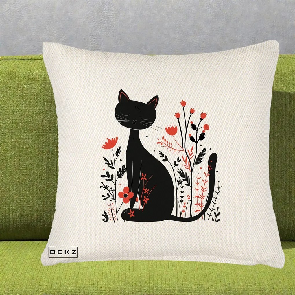 Perna Decorativa Pisica Neagra Flori Rosii Folk Minimal, 40x40 cm, Crem Reliefat, Husa Detasabila, Perna Inclusa, BEKZ®