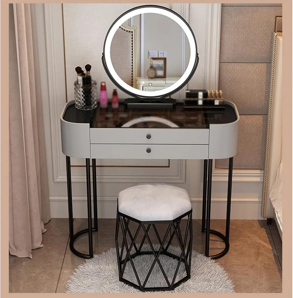 Set Bianca, Masă de toaletă pentru machiaj cu oglindă iluminată LED, control touch, taburet tapitat, 80x40x78 cm, Gri/Negru