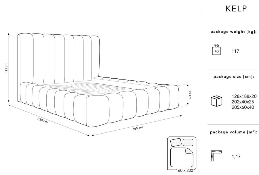 Pat dublu 160x200 cm bej tapițat cu spațiu de depozitare și somieră Kelp – Micadoni Home