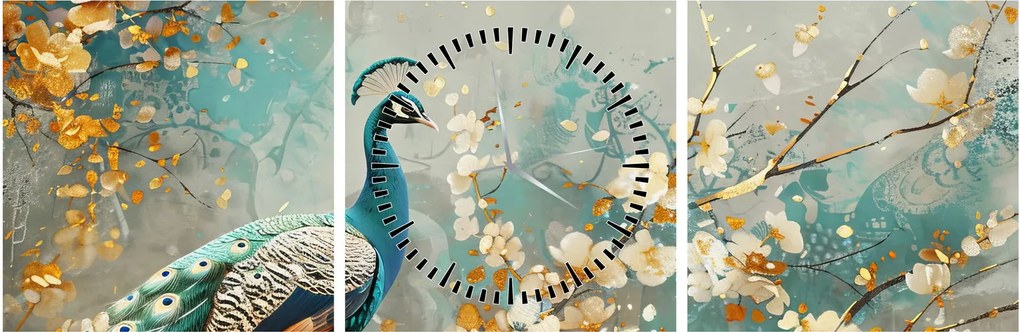 Tablou - Păun cu decor de aur (cu ceas) (90x30 cm)