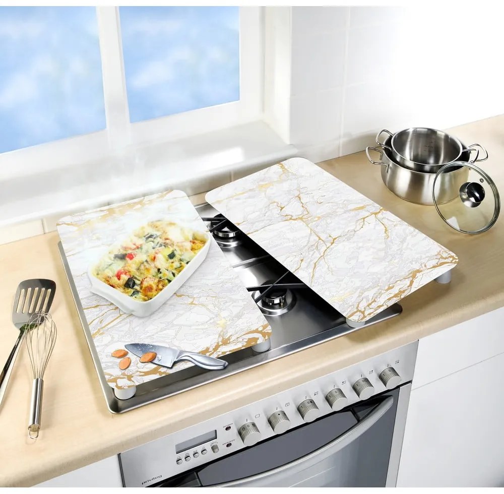 Set 2 protecții din sticlă pentru aragaz Wenko Marble, 52 x 30 cm , alb - auriu