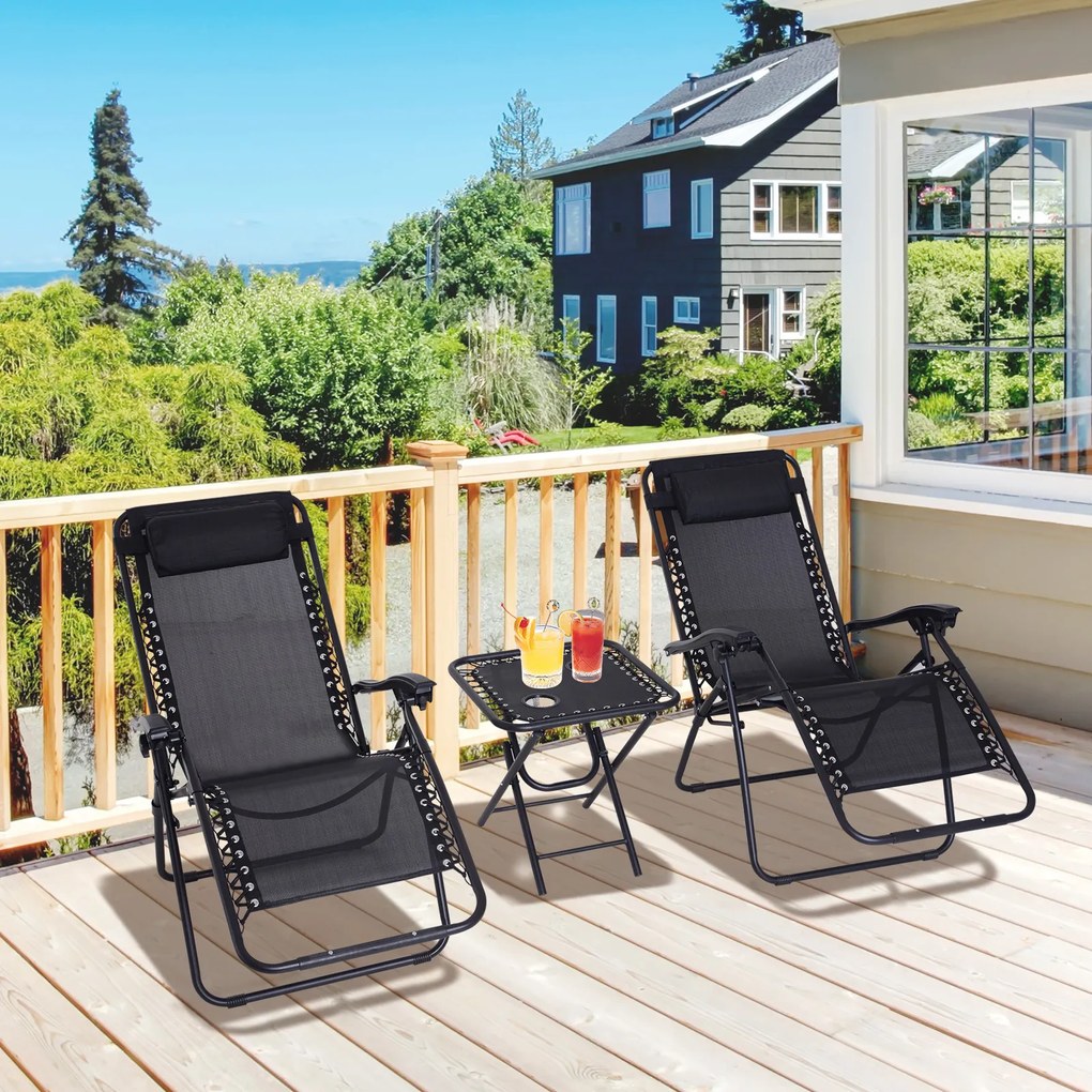 Outsunny Set Mobilier de Gradina 2 Scaune Rabatabil si Masuta Reglabila Pliabila,Tesatura de Textilen, Negru