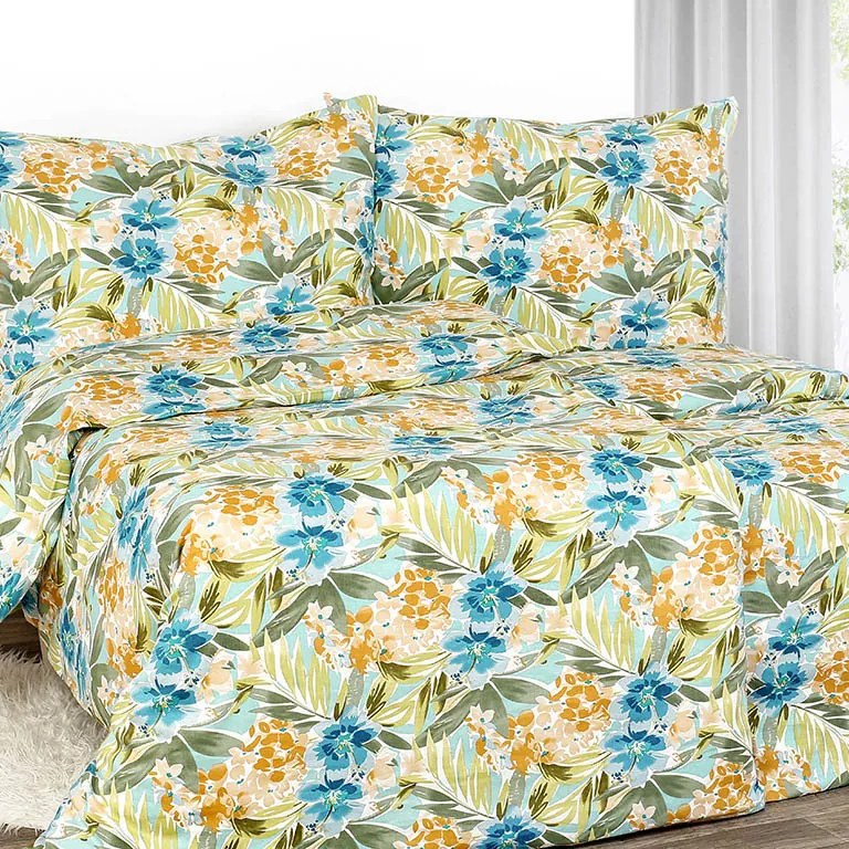 Goldea lenjerie de pat exclusivă din in - flori albastre hawaii 140 x 200 și 70 x 90 cm