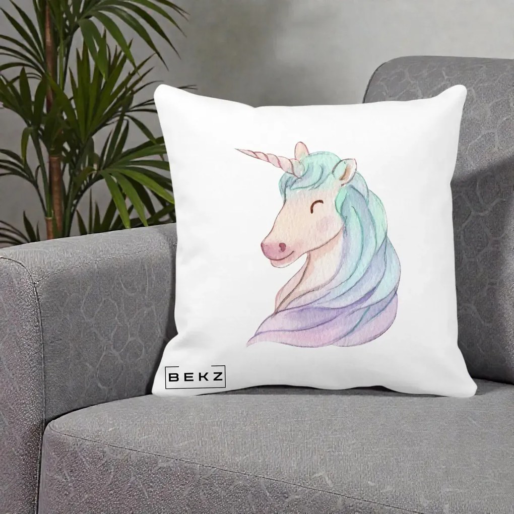 Perna Decorativa Unicorn Acuarela Pastel, 40x40 cm, Alba Mata, Husa Detasabila, Perna Inclusa, BEKZ®