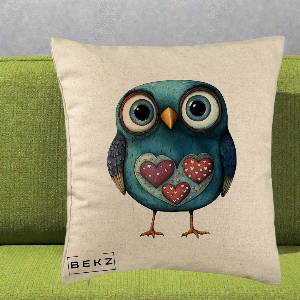 Perna Decorativa Bufnita Teal cu Doua Inimi, 40x40 cm, Bej, Husa Detasabila, Perna Inclusa, BEKZ®