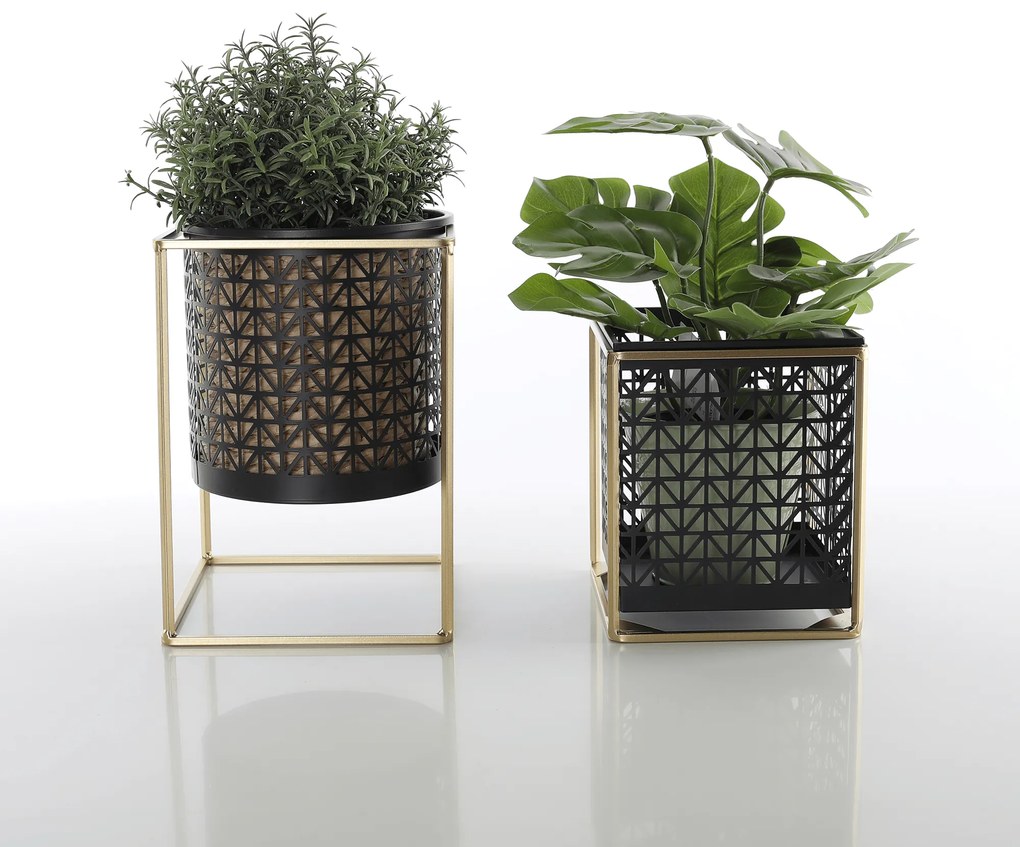 Set 2 suporturi pentru ghivece, pătrat/rotund, negru/auriu, ESME SET