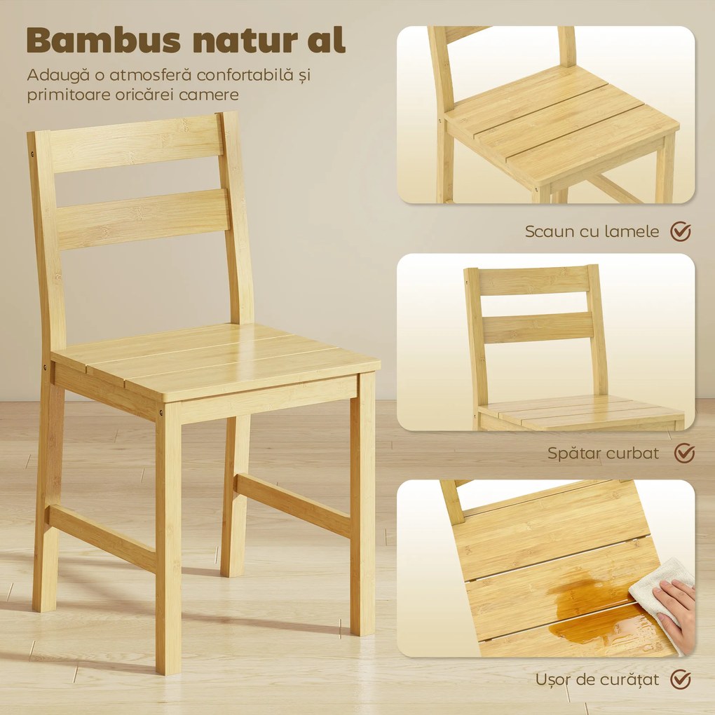 HOMCOM Set de 2 Scaune de Masă din Bambus, Scaune de Bucătărie cu Spătar Curbat, Șezut cu Lamele, Scaun pentru Bucătărie, Dormitor, Living, Culoare Naturală | Aosom Romania