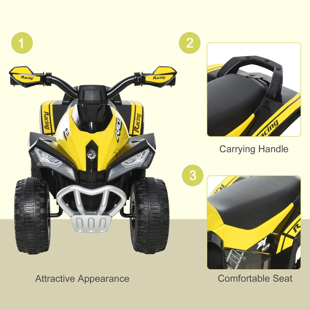 HOMCOM Mini ATV, Motocicletă pentru Copii 18-36 Luni cu Muzică Integrată și Ghidon Larg, 67,5x38x44 cm, Galben | Aosom Romania