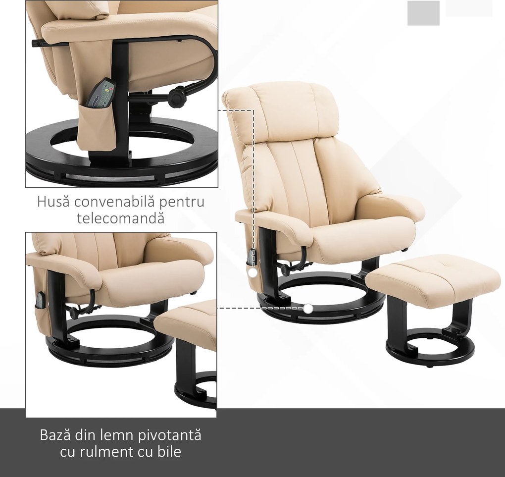 HOMCOM Fotoliu Reclinabil cu Masaj cu Telecomandă din Imitatie de Piele, Crem | Aosom Romania