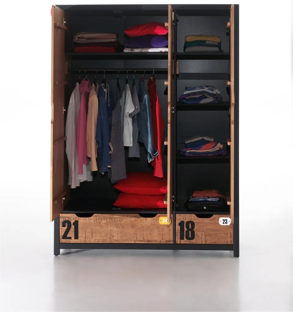 Set Mobilier Cameră Copii ALEX, 4 Piese, Pat 90x200 cm, Somieră Inclusă, Pin Masiv și Metal Negru – Vipack