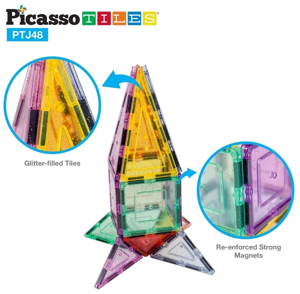 Set cuburi PicassoTiles 48 pise Magnetic blocks,glittered