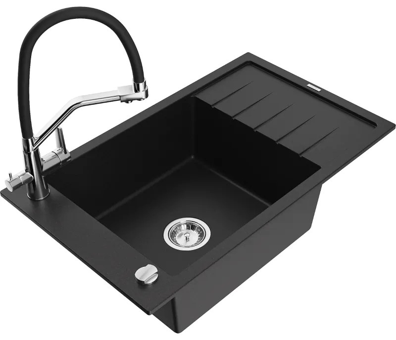 Mexen Elias chiuvetă de bucătărie din granit cu 1 compartiment, cu scurgător și baterie Duo, negru - 6511-77-671701-07