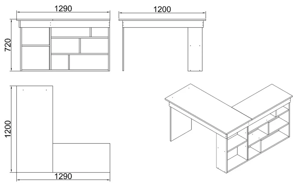 Birou Zellow Tip L cu Rafturi, 129 x 72 x 120 cm | BIANO