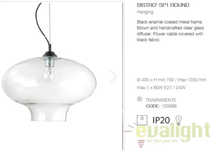 Lustra diametru 40cm, din sticla suflata manual, BISTRO SP1 ROUND 120898