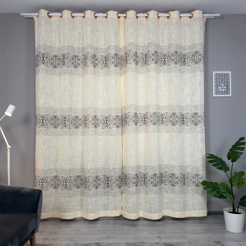 Set două Draperii (Opacitate 60%), din In texturat, cu Model imprimat, Gata lucrate (Inele galerie), Culoare Bej + Gri, Dimensiuni draperie 160x260 cm (x2), Brand Originalio