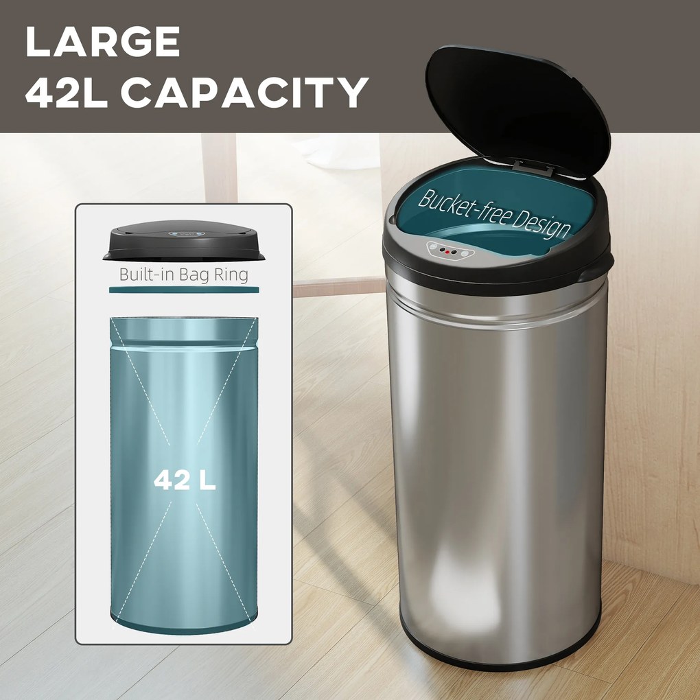 Coș de gunoi HOMCOM de 42L cu Senzor de Mișcare și Deschidere Automată, din Oțel Inoxidabil și ABS, 30.5x30.5x68 cm, Negru și Argintiu | Aosom Romania