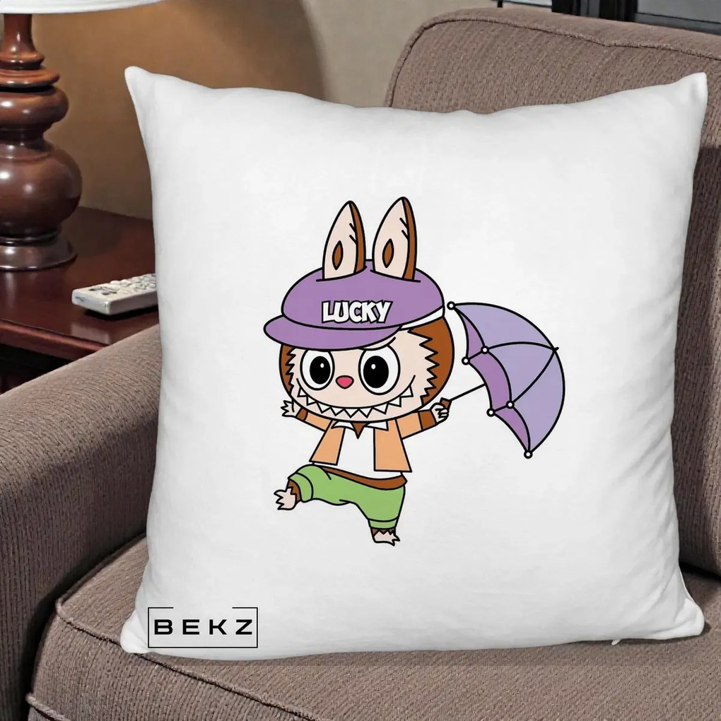 Perna Personalizata Labubu Lucky cu Umbrela, 40x40 cm, Alb Pufos, Husa Detasabila, Perna Inclusa, BEKZ®