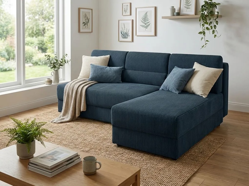 Canapea extensibila de colt TAVERO SLIM, 201x140 cm, albastru inchis, reversibila
