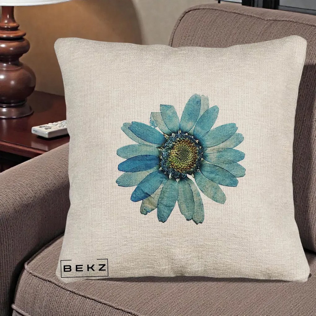 Perna Decorativa Floare Margareta Albastra Acuarela, 40x40 cm, Bej Canapea, Husa Detasabila, Perna Inclusa, BEKZ®