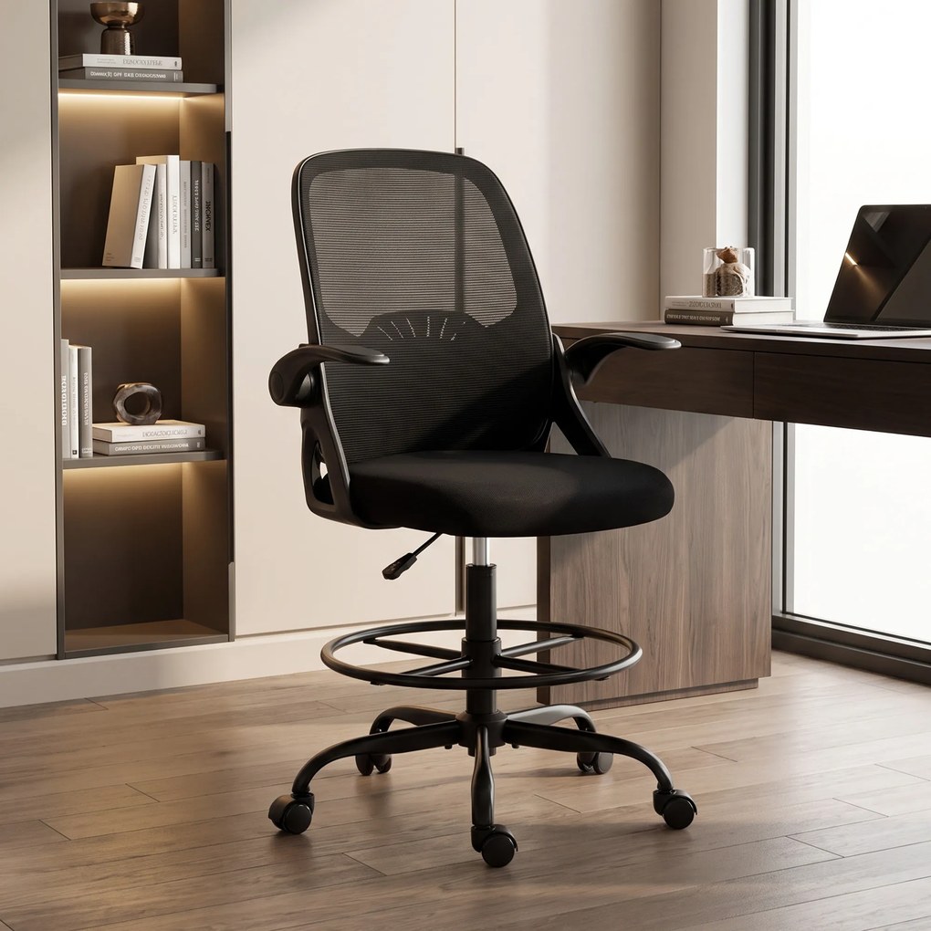 HOMCOM Scaun de Birou Ergonomic din Plasă, cu Suport Lombar și Suport pentru Picioare Reglabil, Cotiere Rabatabile, Negru | Aosom Romania