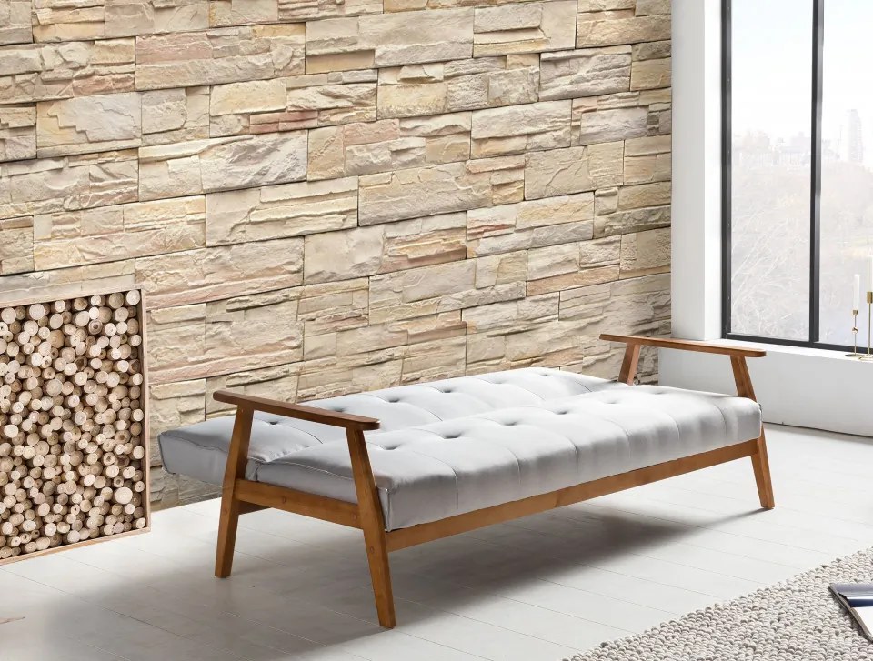 Canapea extensibila din lemn masiv, gri deschis, 3 locuri