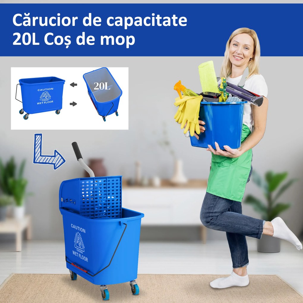 HOMCOM Cărucior Profesional pentru Curățenie cu Găleată pentru Mop de 20L, 60x27x70,5 cm, Albastru | Aosom Romania