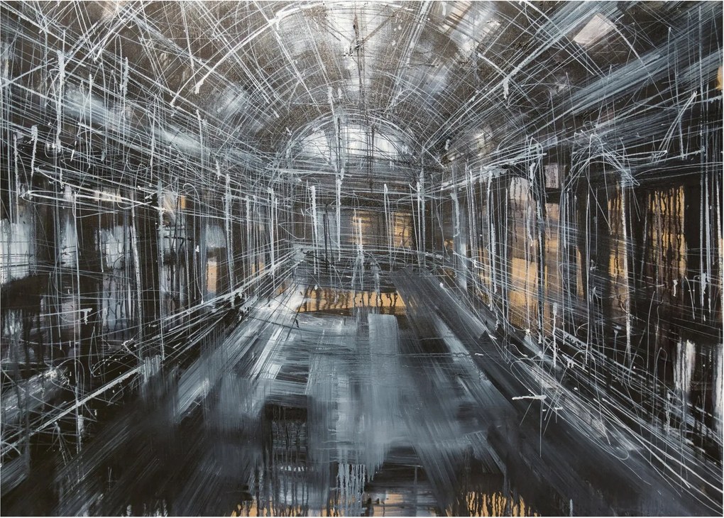 Tablou pe sticlă cu u interiorul clădirii vechi (70x50 cm)