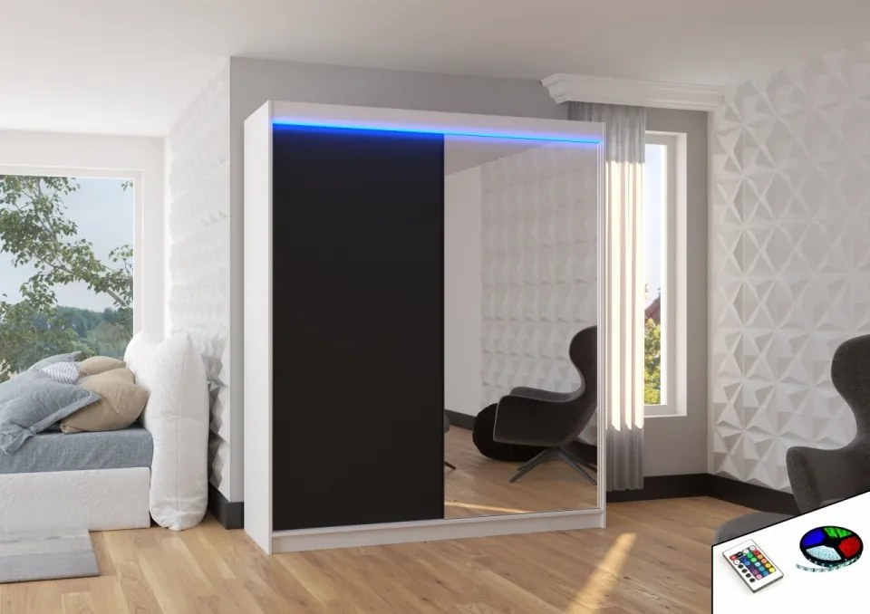 Dulap cu usi glisante si oglinda + iluminare LED, Viki 180 + LED, 180 cmx200 cmx58 cm, ADRK Furniture (Culoare: Alb / Negru)