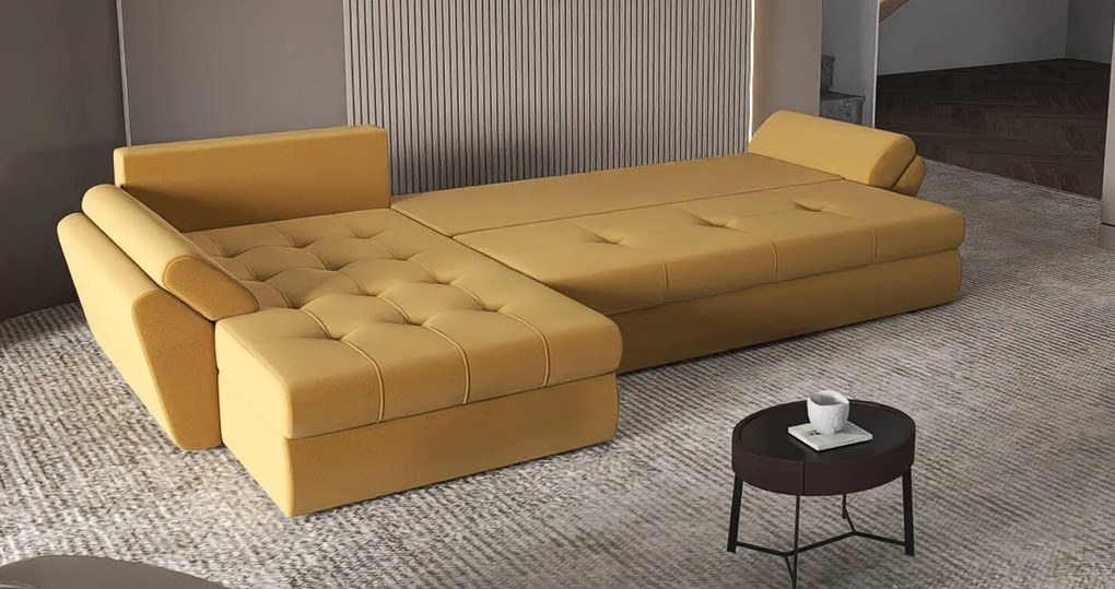 Colțar extensibil dumonde cu ladă de depozitare si sezut confortabil din spuma high-density, Loana XL Royal Mustar II 335x185 cm