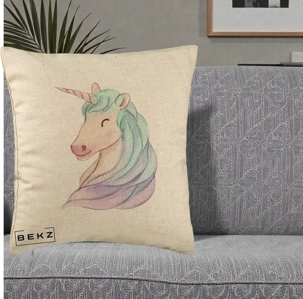 Perna Decorativa Unicorn Acuarela Pastel, 40x40 cm, Bej, Husa Detasabila, Perna Inclusa, BEKZ®