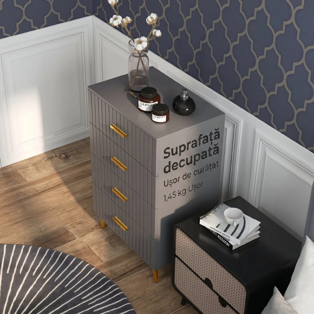 HOMCOM Comodă Modernă cu 4 Sertare, Unitate Sertar Depozitare cu Picioare din Aluminiu, 60x40x90 cm, Gri Închis