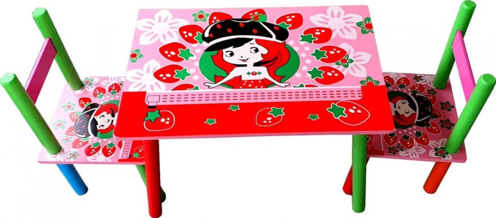 Masuta copii din MDF cu doua scaune Novokids™ My first table, dimensiuni 59X39X40, Suprafata lucioasa, Model Capsunica, Rosu cu Roz