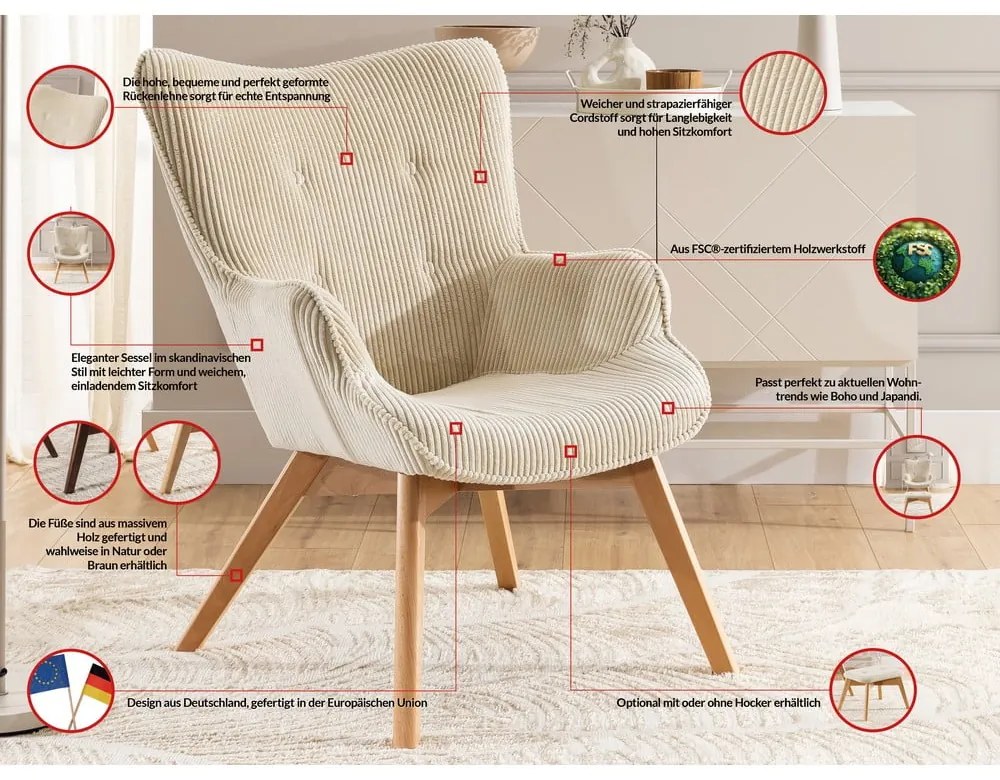 Fotoliu bej cu tapițerie din catifea reiată Niko – Ropez