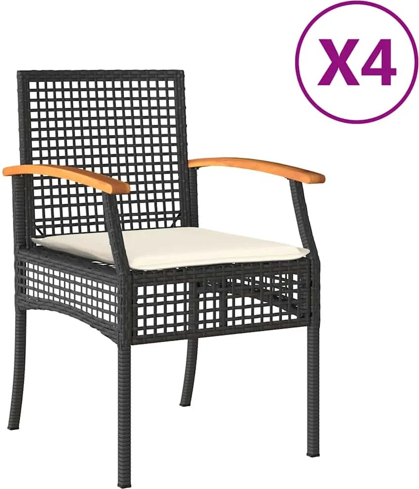 vidaXL Scaune de grădină cu perne, 4 buc., negru poliratan/lemn acacia