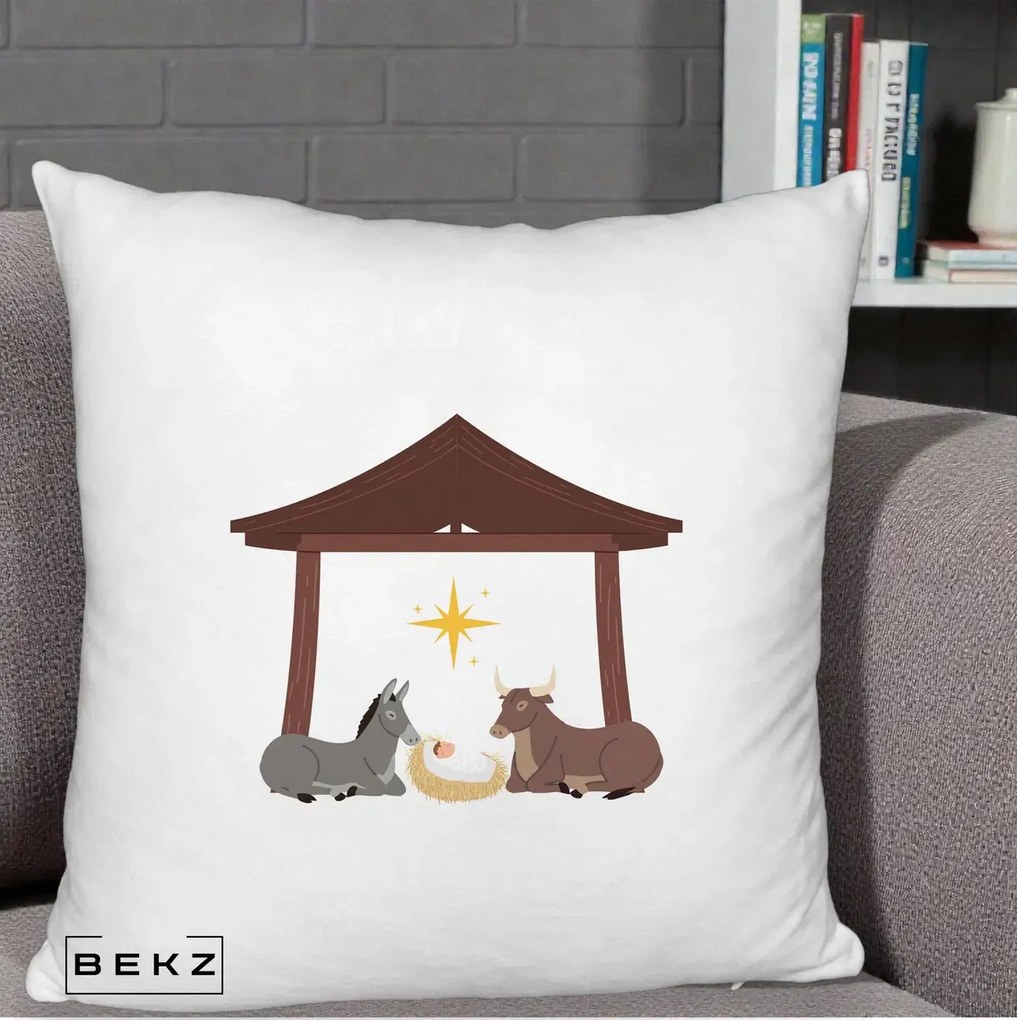 Perna Decorativa Ieslea din Betleem cu Iesle Asin si Bou, 40x40 cm, Alb Pufos, Husa Detasabila, Perna Inclusa, BEKZ®