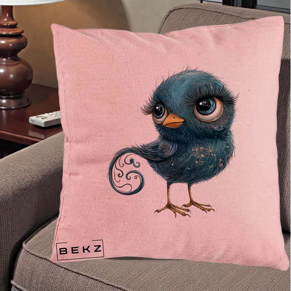 Perna Decorativa Pasare Teal cu Motive Aurii si Coada Spiralata, 40x40 cm, Roz, Husa Detasabila, Perna Inclusa, BEKZ®