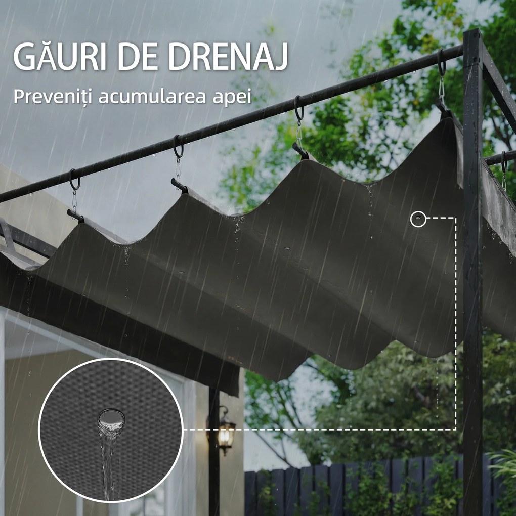 Outsunny Pergolă montată 3x3 m cu acoperiș retractabil glisant, guri de drenaj, pergolă de grădină din poliester și oțel, pentru terasă, curte, exterior, UV30+, Gri Închis | Aosom Romania