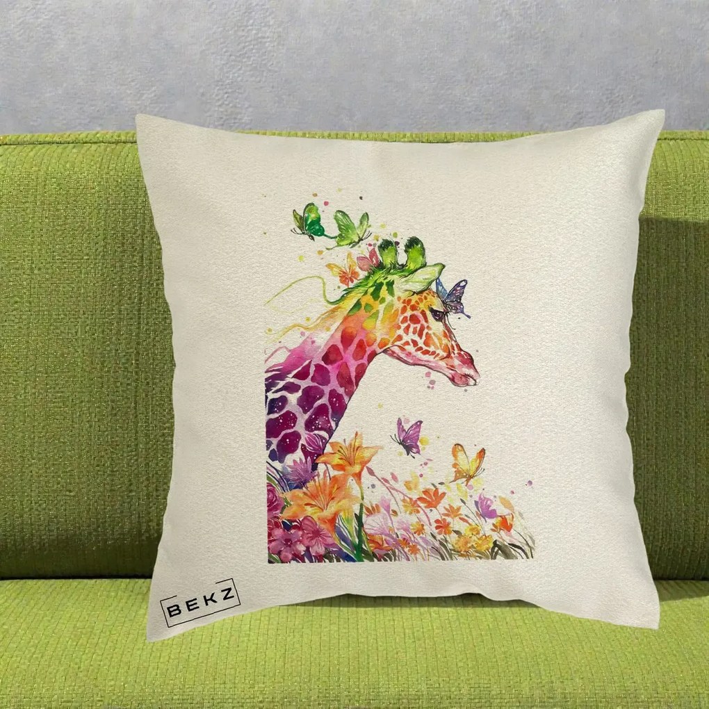 Perna Decorativa Girafa Curcubeu Acuarela, 40x40 cm, Ecru, Husa Detasabila, Perna Inclusa, BEKZ®