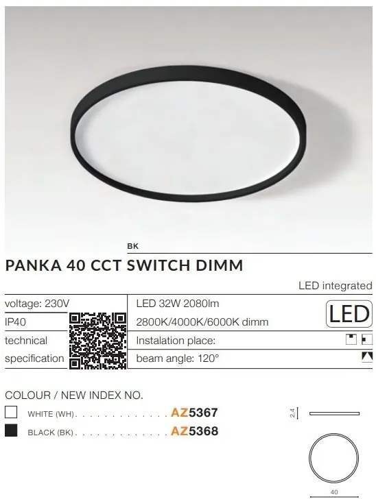Plafoniera slim LED dimabil, protectie IP40 PANKA 40 CCT negru