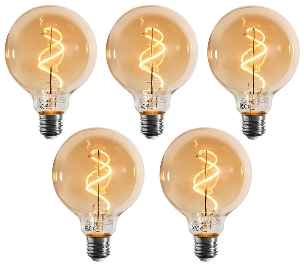 Set de 5 becuri LED E27 cu filament spiralat, dimabile, G95 aurii 4W 270LM 2100K