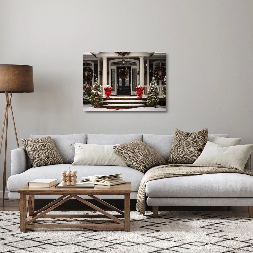 Tablou pe sticlă - Casa decorată de Crăciun (70x50 cm)