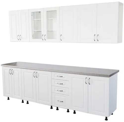 Bucatarie Zebra 260 cm din MDF Alb Lucios cu blat termoizolant imitatie gri