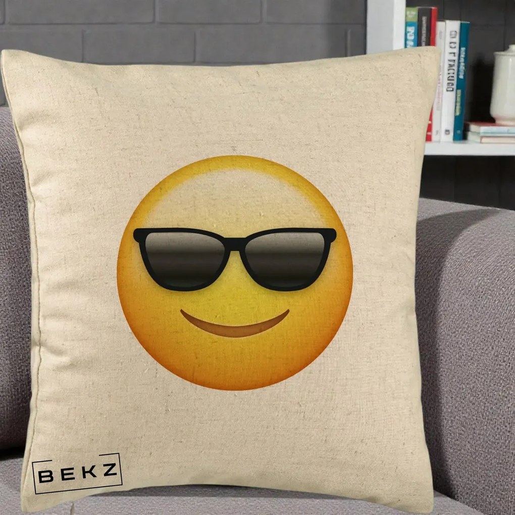 Perna Decorativa Emoji Cool Ochelari, 40x40 cm, Bej, Husa Detasabila, Perna Inclusa, BEKZ®