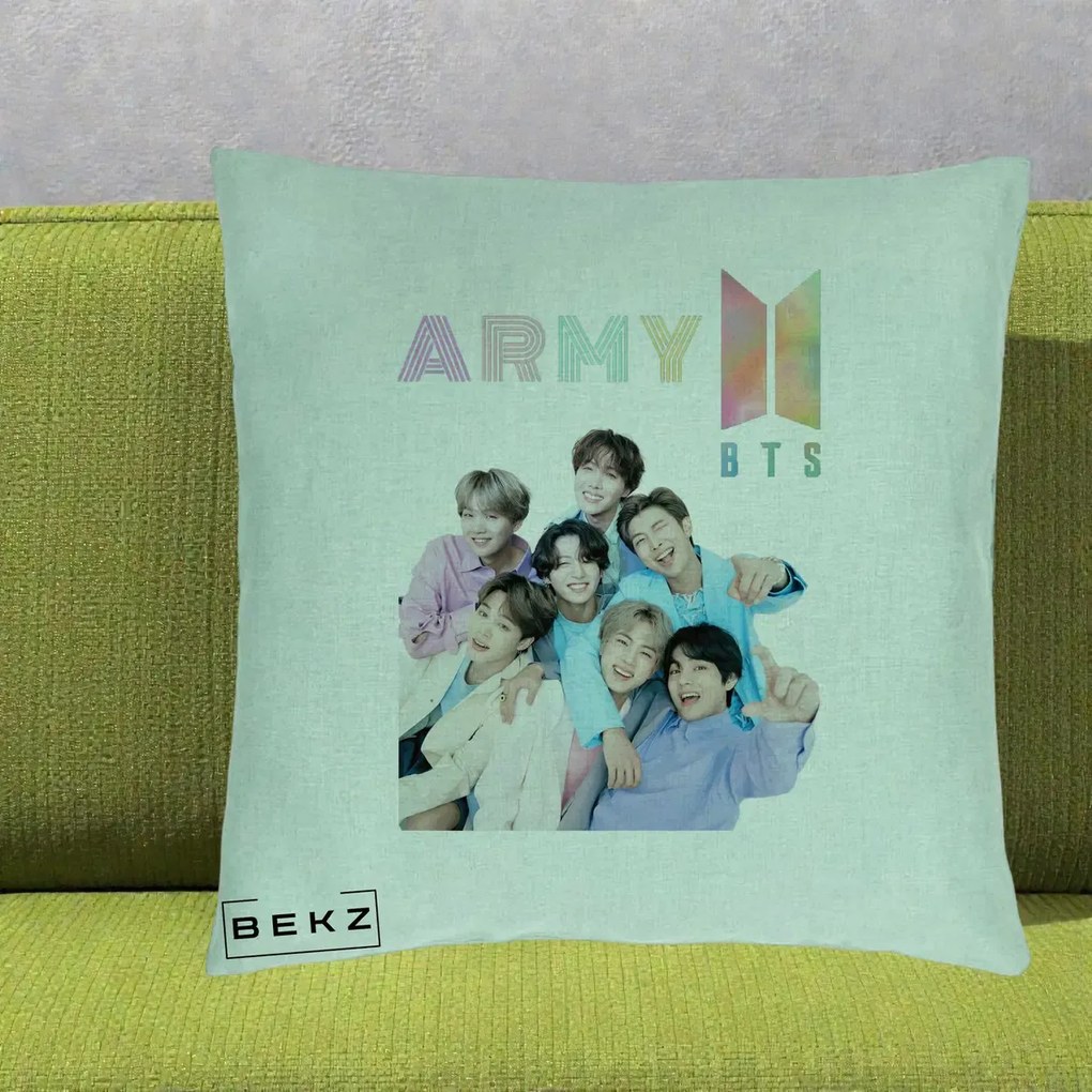 Perna Personalizata K-pop BTS ARMY Fotografie Grup Veseli, 40x40 cm, Verde Menta, Husa Detasabila, Perna Inclusa, BEKZ®