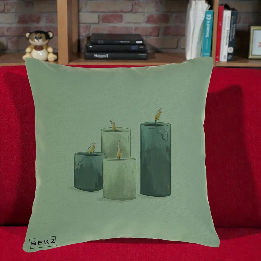 Perna Decorativa Lumanari Hygge Alb-Verde, 40x40 cm, Verde, Husa Detasabila, Perna Inclusa, BEKZ®